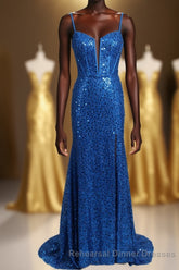 Royal Blue Sequin Mermaid Long Semi Formal Prom Dress